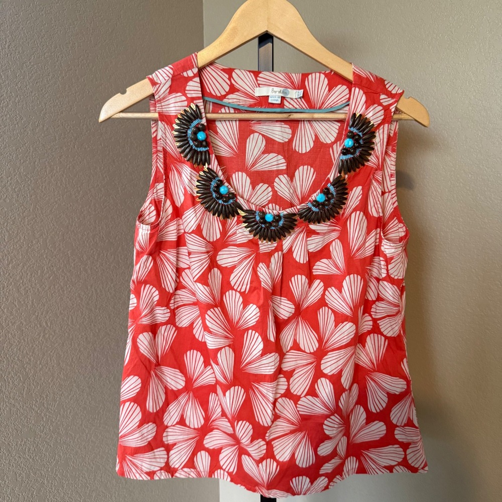 Boden Sleeveless Top Floral Beaded Neckline Coral White Cotton Blouse Size US 10